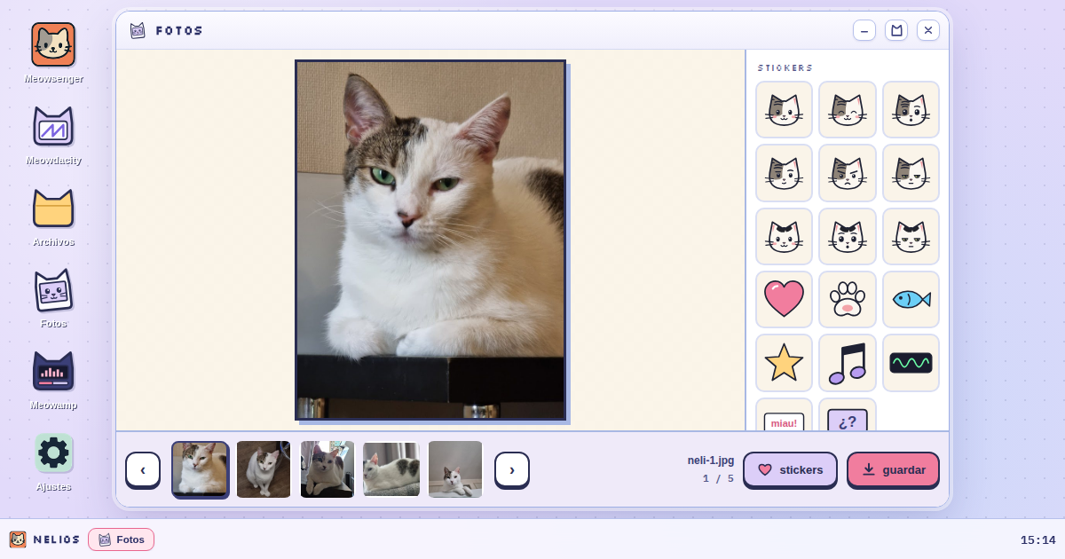 Fotos: una foto de Neli con stickers encima, las miniaturas y la bandeja de stickers