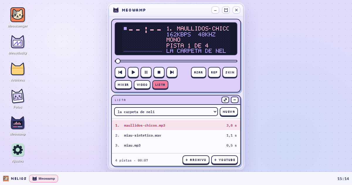 Meowamp: la pantallita con el tiempo y el nombre de la pista, los botones, el ecualizador y la lista