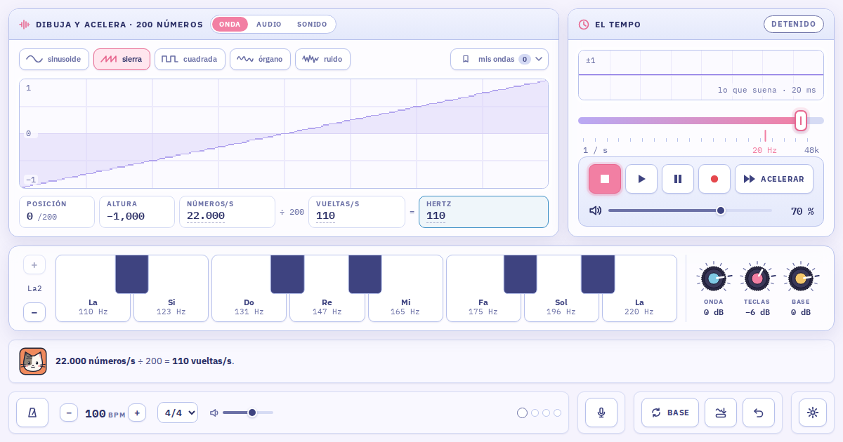Meowdacity: una onda de 200 números, la barra del tempo, el teclado y la mezcla